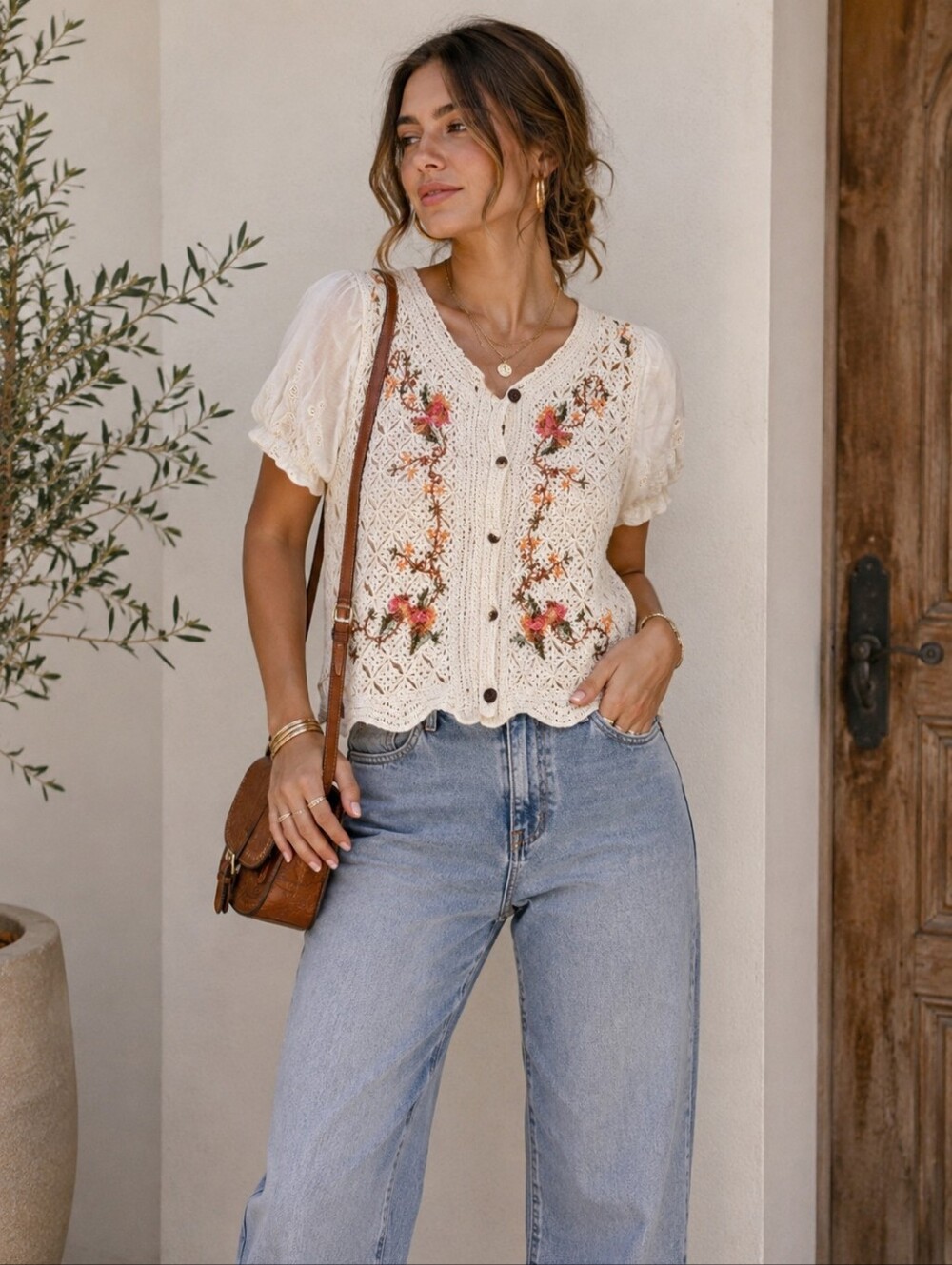 Open Knit Embroidered Floral Crochet Cardigan Ivory Scalloped Cottagecore Boho